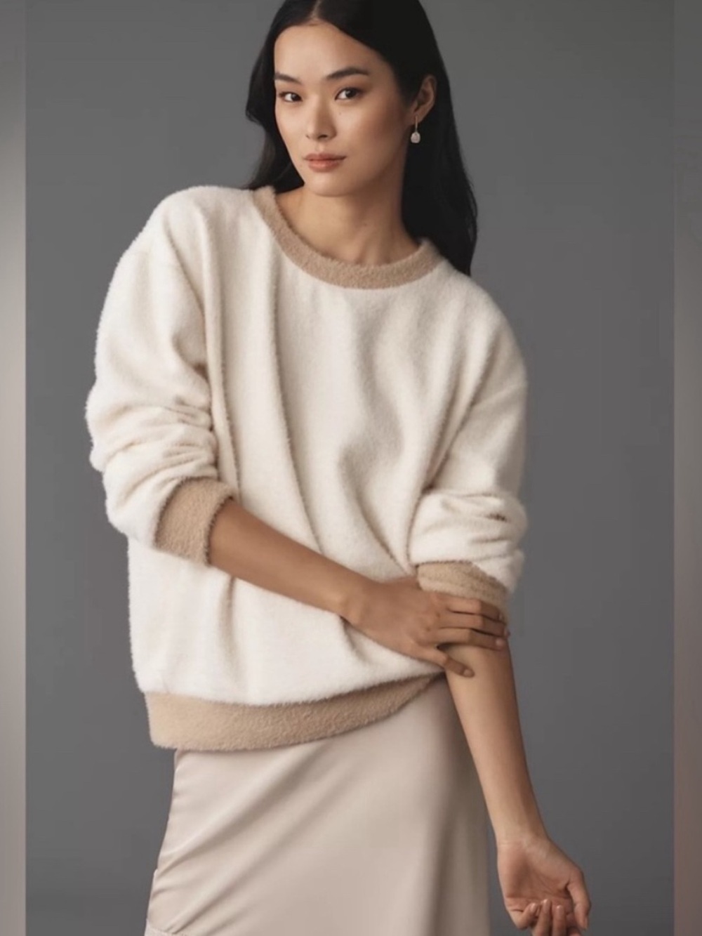 Anthropologie maeve cozy fuzzy ringer crewneck sweater ivory size small
